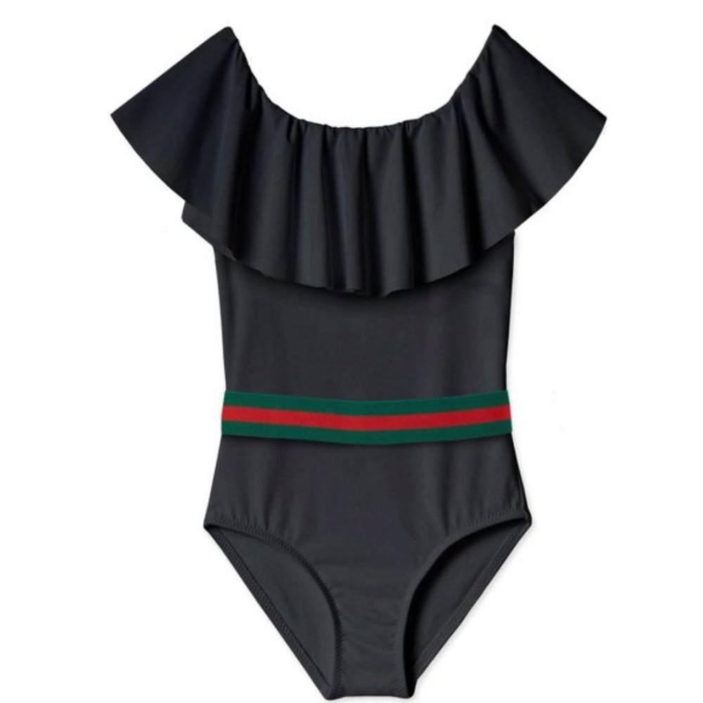 Stella Cove NWT Girls Black Ruffle Red Green Fixed Belt One Piece Swimsuit Sz 8Y